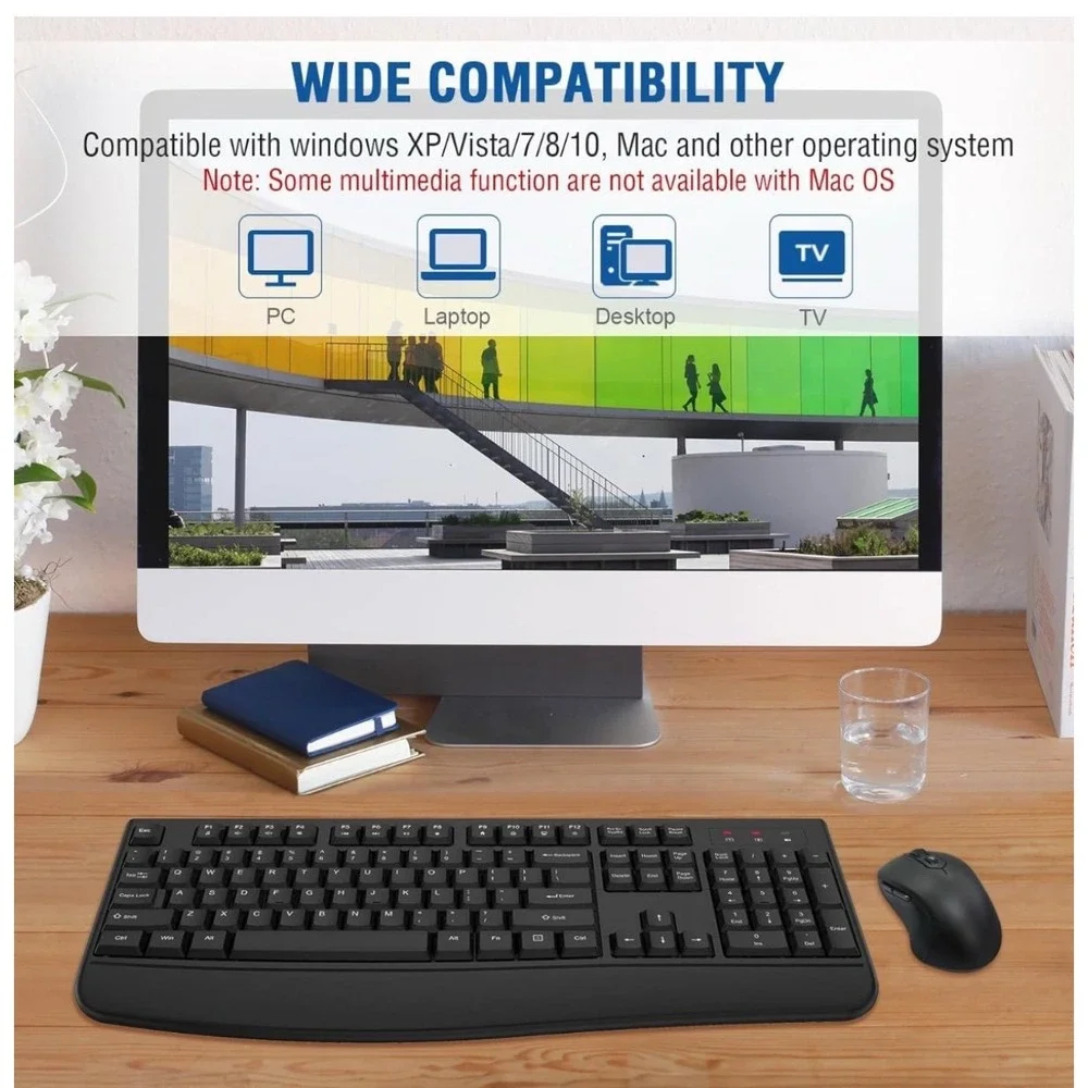 Wireless Keyboard and Mouse Combo, 2.4G Full-Sized Ergonomic Computer Keyboard